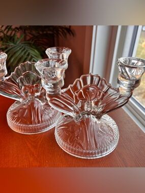 Jeanette Glass Iris and Herringbone Candlesticks Pair Vintage